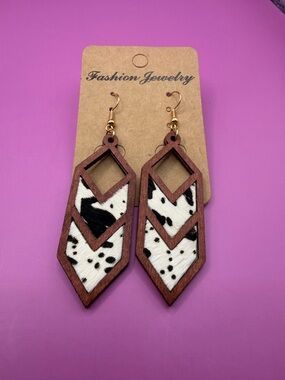 Wood with Cow Print Faux Fur Chevron Drop Earrings